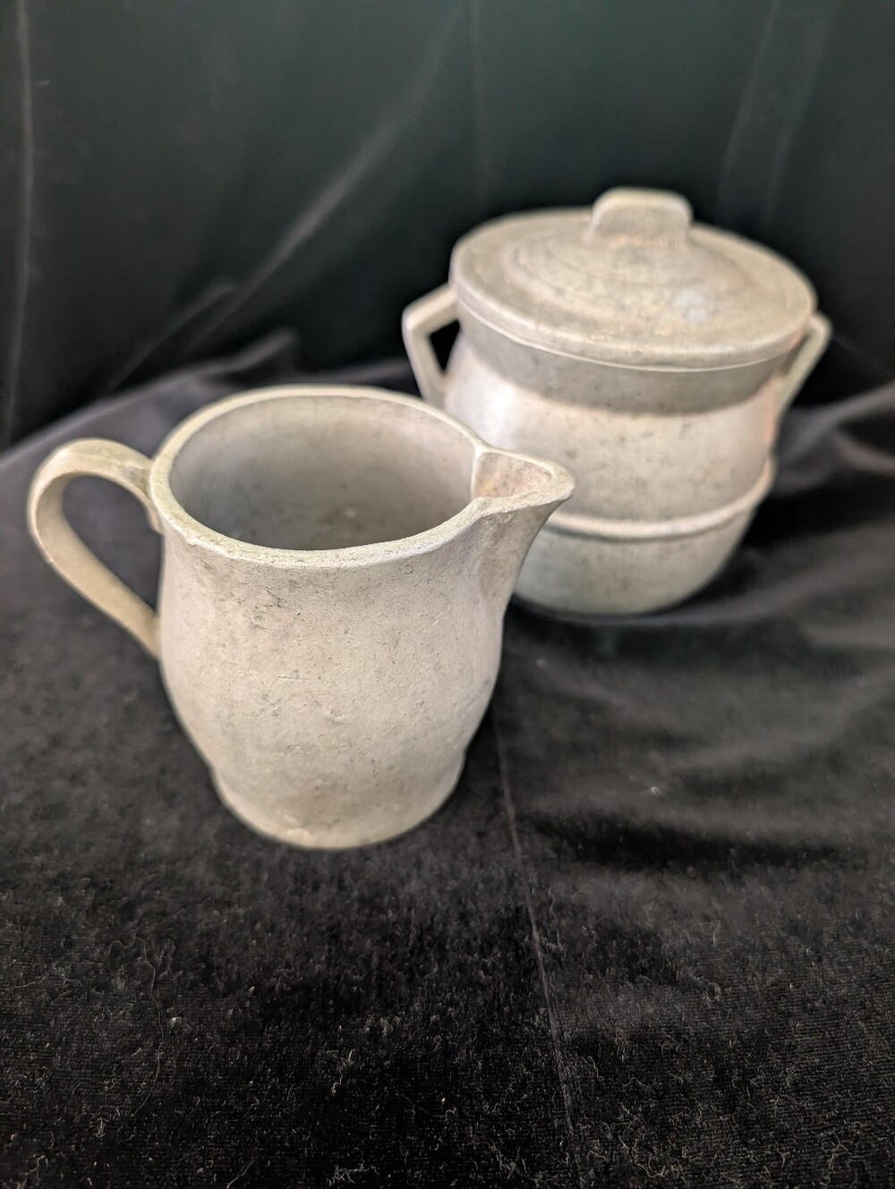 Vintage Pewter Creamer and Covered Sugar Set in Light Gray
